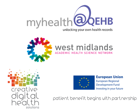 Logos: myhealth@QEHB, West Midlands Academic Health Science Network, Creative Digital Health Solutions, European Regional Development Fund