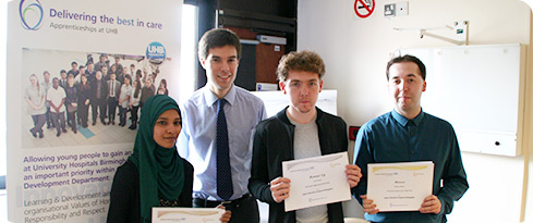 Apprentice competition prize winners Rukhsar Malek, Michael Tivey (QEHB Charity), Jack Preece and Michael McGurn